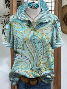 Women's Vintage Casual Floral Patchwork Striped Collar Half-Placket Shirt, Spring/Summer, Tropical Print Design, Hawaiian Style, Boho Chic Look, Y2K Revival, Coastal Grandma Fashion, Lightweight Breathable Fabric, Vacation Wear, Beach Party Outfit, Streetwear - Blue - View 2