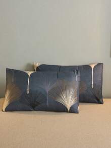2pcs Set Navy Blue Ginkgo Leaf Pattern Pillowcase, Super Soft & Breathable, No Filling, Machine Washable, Suitable For Dorm, Back To School Season, Etc. - Navy Blue - View 1