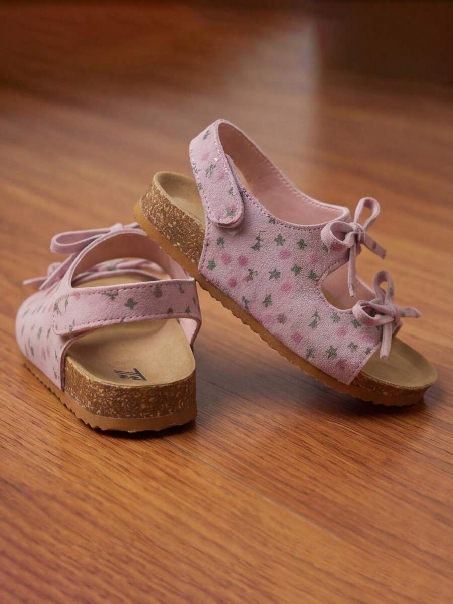 Sandálias de madeira macias com flor para meninas de 3 a 8 anos, Fechadas em camurça rosa/roxa com mini laço, Ajustável, Sapatos de verão planos - Melancia - Visão 1