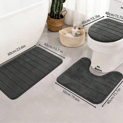 3pcs Bathroom Mat Set, Non-Slip Striped Classic Popular, Absorbent, Suitable For Bathtub, Shower, Toilet, Summer & Winter, 40*60cm 1pc, 50*80cm 1pc, 50*120cm 1pc