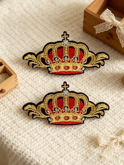 2pcs Gold Crown Embroidery Iron-On Patches, Suitable For DIY Clothing And Accessories - Unique Design For Hat Embroidery Iron-On Patch, Jeans, Jackets And More, Cute Cartoon Embroidered Applique