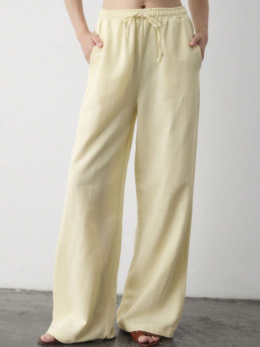 Women Linen Blend High Waist Drawstring Wide Leg Pants With Back Pockets Summer Casual Loose Trousers - Yellow - View 1