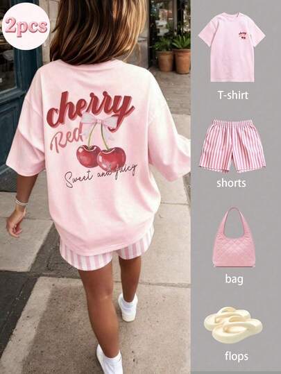 2pcs/Set Tween Girls' Cherry Print Short Sleeve T-Shirt And Striped Shorts Summer Outfit, Fashionable/Y2K/Streetwear Style With Artistic Vibe
