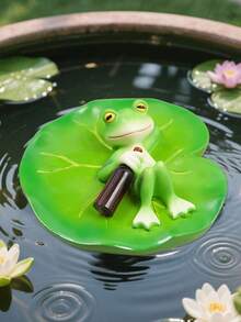 独特的青蛙手捧酒瓶，漂浮在荷叶上，迷你池塘花园青蛙摆件，适用于花园池塘、阳台池塘装饰、家居花园和阳台装饰、庭院装饰，是户外爱好者的绝佳礼物。 - A - 查看 5