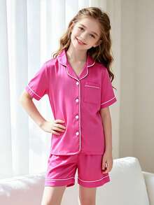 2pcs Tween Girl Pink Short Sleeve Shirt And Shorts Pajama Set - Multicolor - View 5
