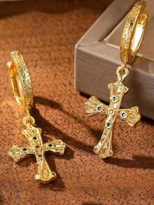 Elegant Vintage-Inspired Cross Dangle Earrings For Women - Luxury Copper With Cubic Zirconia, Nickel-Free, Perfect For Casual Attire & Gifting - Gold - View 3