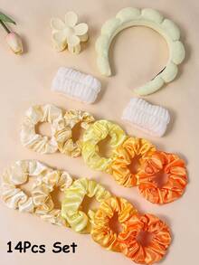 14件套女孩日常实用云朵海绵发圈、泡泡发圈、花朵发夹组合套装 - 紫色 - 查看 5