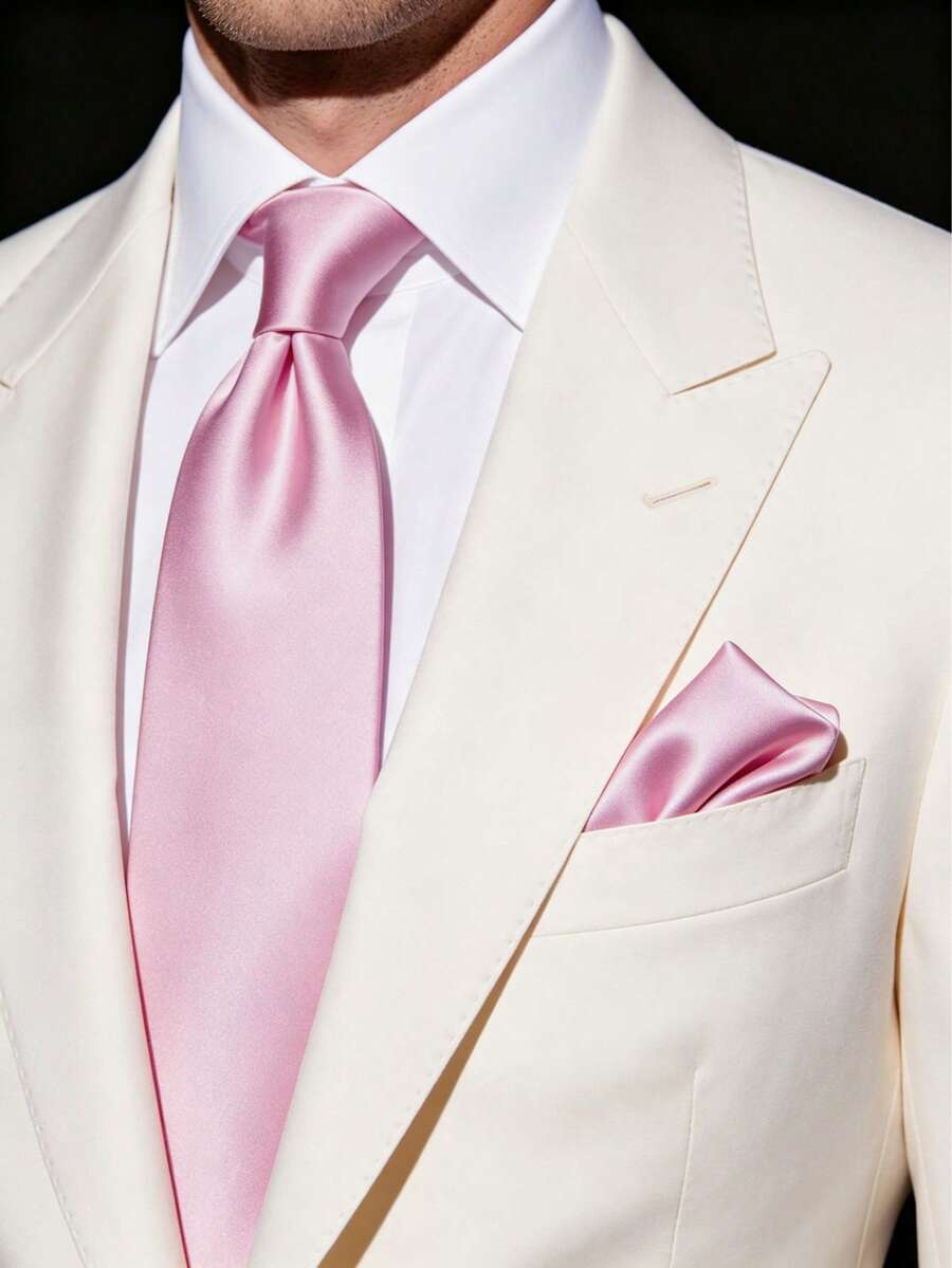 1 Set Men's Solid Color 8cm Necktie & Pocket Square Set, Satin Tie & Handkerchief Business Suit Accessories - Pink - View 1