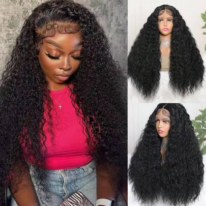 Peluca sintética con encaje frontal 13x4, cabello rizado negro, cabello de bebé pre-cortado, fibra resistente al calor, para fiestas, maquillaje diario, mascarada