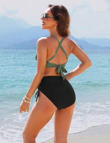 Women's High Waisted Bikini Sets, Crisscross Tie Back Drawstring Tummy Control Two Piece Swimsuits Bathing Suit - 黑綠色 - 查看 3