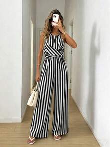 Women's Printed Fabric Waist Jumpsuit, Elegant For Holiday And Everyday Wear With Backless Neckline Summer - Multicolor - View 8