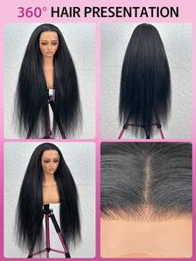 ZHICHAO 13x4 高清透明蕾丝前额假发，200% 密度，耳到耳多分区，蓬松直发，巴西假发，自然发际线，婴儿绒毛，预先拔毛和漂白，1B 自然黑 Yaki 直发混纺真人发假发，女士款 - 1B# - 查看 4