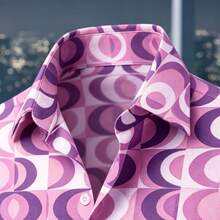 Men's 70s Disco Party Long Sleeve Shirt, Vibrant Geometric Circle Digital Print - With Retro Hippie And Bohemian Style Design, Suitable For Casual Gatherings, Halloween, Music Festivals, And Fashionable Occasions - Purple - View 5