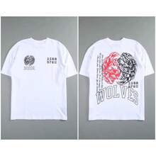 DARCSPORT New Colors Are Back: Wolf Head Print Pure Cotton Short-Sleeve T-Shirt, Loose Fit For Men And Women, Couple's Top TEE - 黑配橙 - 查看 7