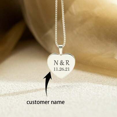 Custom Engraved Heart Necklace, Personalized Initial Name Necklace, Customized Date Necklace For Women, Couple Gift, For Wife Mother's Day Gifts,Stylish,Vintage,Simple,Unisex,Casual,Cuties,Custom,Personalized,Unique,Ideal Gifts For Him,Ideal Gifts For Her,Delicate Romance, Minimalist