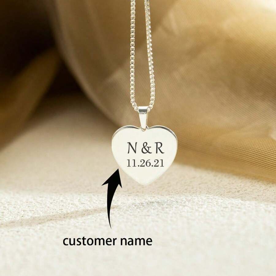 Custom Engraved Heart Necklace, Personalized Initial Name Necklace, Customized Date Necklace For Women, Couple Gift, For Wife Mother's Day Gifts,Stylish,Vintage,Simple,Unisex,Casual,Cuties,Custom,Personalized,Unique,Ideal Gifts For Him,Ideal Gifts For Her,Delicate Romance, Minimalist - Multicolor - View 1