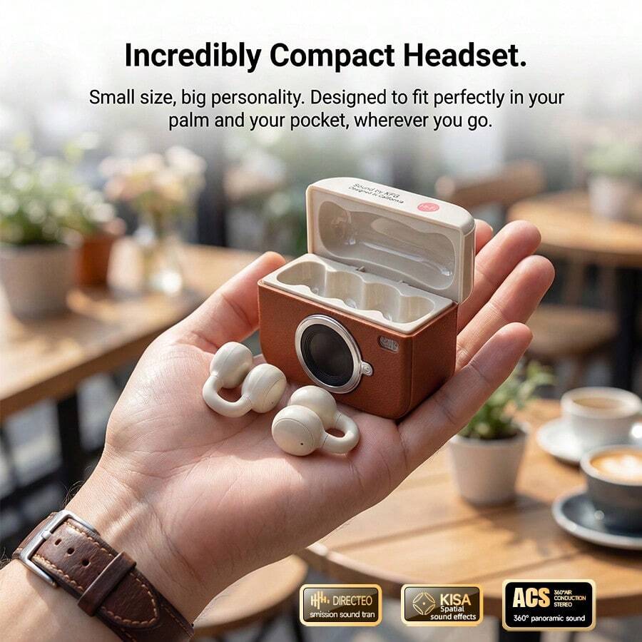 NEW SENYANG 2026新款无线卡通相机音乐夹式耳机，情侣迷你蓝牙耳机TWS 9D Hi-Fi立体声高清通话杜比环绕声，真皮耳机适用于安卓和iOS手机，音乐礼品