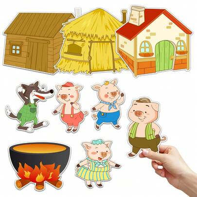 hoojojo 9Pcs The Three Pigs Felt Story Set, Preschool Storytelling Props, Interactive English Early Educational Toys, Parent-Child Teaching Aids, Back To School Supplies