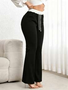 Pantaloni casual pentru femei, cu curea în culori contrastante, stil sport streetwear, confortabili pentru casă, exterior, naveta, călătorii, esențiali pentru toate anotimpurile - Negru - Vizualizare 1