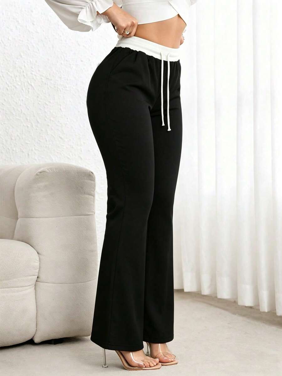 Pantaloni casual pentru femei, cu curea în culori contrastante, stil sport streetwear, confortabili pentru casă, exterior, naveta, călătorii, esențiali pentru toate anotimpurile - Negru - Vizualizare 1