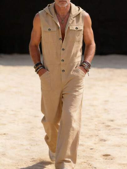 Men's Casual Loose Hooded Jumpsuit With Multiple Pockets, Suitable For Various Occasions In Summer