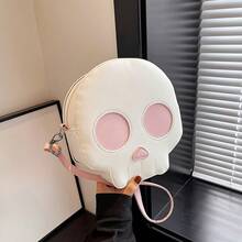 Korean-Style Niche  Quirky Ghost Skull Crossbody Shoulder Bag, Soft PU Phone Pouch, Halloween Gothic Dark Crossbody Bag, Hand-Held Small Bag, Coin Purse, Phone Bag - 白色 - 查看 2