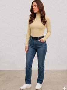 Women's Ribbed Turtleneck Sweater With Medium Neckline And Long Sleeves, Second-Skin Style, Simple And Casual. - Rượu sâm banh - Xem 3