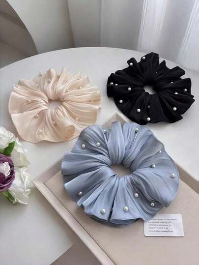 1pc Women's Satin Large Pearl Pleated Elastic Hair Scrunchie, Available In Beige, Black And Blue, Cute Hair Tie, Ponytail Holder, Oversized Scrunchie, Women Hair Accessory, Summer Hair Decor, Beach Hair Accessory