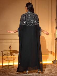 Elegant Woven Fabric Robe With Beaded Keyhole Neckline And Batwing Half Sleeves, Long Design With Exquisite Lapel Decoration Spring Black - Black - View 2