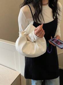 时尚复古褶皱云朵手提包，百搭休闲女士单肩包，新月形 - 白色 - 查看 5