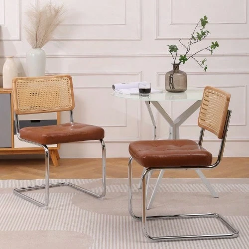 Medieval Modern Dining Chairs, A Set Of 2 Rattan Dining Chairs With Soft Upholstered Faux Leather Elements, Armless Mesh Back Rattan Chairs, Metal  Legs (Brown) - Brown - View 1