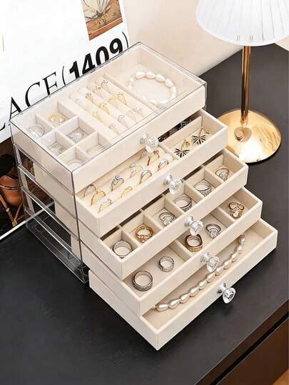 Hộp đựng trang sức 5 tầng bằng acrylic trong suốt, hộp đựng trang sức dung tích lớn, hộp trưng bày trang sức kiểu ngăn kéo với khay nhung điều chỉnh được, thích hợp để đựng bông tai, nhẫn, vòng tay, dây chuyền, lý tưởng để sắp xếp trang sức tại nhà.