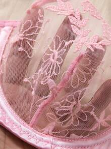 Women's 2 Pieces Pink Floral Embroidered Sheer Mesh Underwire Bra & Thong Lingerie Set - Pink - View 5