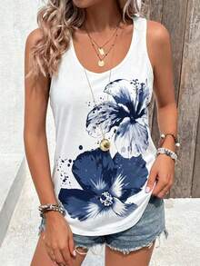 Áo tank top nữ thời trang với họa tiết hoa dâm bụt xanh độc đáo, chất liệu vải dệt kim và kiểu dáng vừa vặn. - trắng - Xem 3