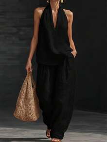 2026 Spring/Summer New Women's Halter Neck V-Neck Sleeveless Casual Two-Piece Set Suitable For Daily Casual Wear, Beach Vacations, And Dates - 黑色 - 查看 1