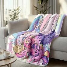 1PC  Canterlot Scene Flannel Throw Blanket 50"X60" - Printed With Purple Pink Gradient Rainbow Halo Background, Twilight Sparkle, Rainbow Dash, Pinkie Pie, Fluttershy, Applejack, Rarity, Spike, Crystal Castle, Streets, Tapestry Wall Hanging, MLP Fan Gift, Room Decor For Bedroom Or Dorm -280gsm - 多色 5 - 查看 2