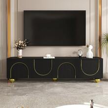TV Stand, Low Model With Textured Doors, Gold Decorations, Round Gold Legs, Includes Shelves And Push-To-Open Mechanism. - Black - View 4