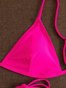 Conjunto de bikini sexy para mujer con espalda descubierta, tirantes finos y espalda con cordones, traje de baño de dos piezas de alta elasticidad para vacaciones - Rosa Fucsia - Ver 4