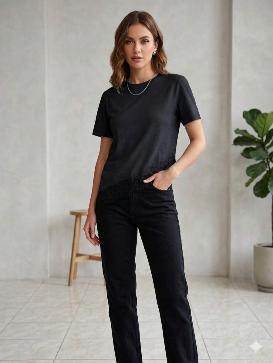 Women's T-Shirt 100% Peruvian Cotton With Lace And Asymmetrical Hem - màu đen - Xem 1