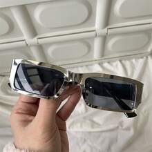 Y2K Silver Wrap Cat Eye Sunglasses, Futuristic Wrap Around UV Protection Shades For Women - Square Cycling Shape, Silver Frame, Mercury Plate - View 2