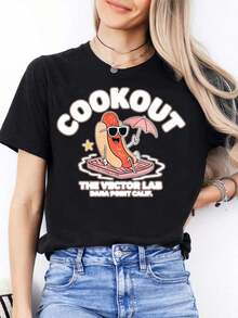 Women's Vintage Mother's Day T-Shirt, Round Neck, Fashionable And Casual | Short Sleeves, Slightly Stretchy Fabric, With A Distinctive Cartoon Hot Dog Print, Suitable For Everyday Activewear And As A Gift For Friends And Family. - 黑色 - 查看 6