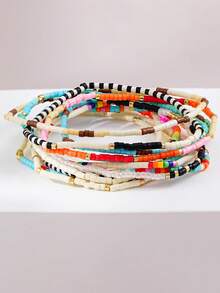 Set de 12 piezas de pulseras elásticas multicapa con cuentas de colores variados hechas a mano, accesorios de joyería para mujeres en fiestas y días festivos - Multicolor - Ver 5