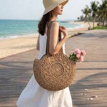 1Pc Hand Crochet Breathable Tote Bag With Leather Shoulder Strap, Female Summer Large Beach Bag For Outdoor And Daily Use - Khaki - View 6