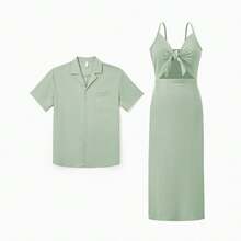 PatPat Couple Matching Outfits Men Short Sleeve Cuban Collar Shirt And Women Knot Front Cutout Midi Dress Summer Casual Beachwear Set - 淺綠 - 查看 2