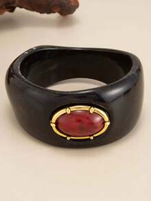 1 pieza Brazalete vintage de resina acrílica con piedras preciosas falsas, de diseño geométrico asimétrico, adecuado para uso diario y vacaciones - Multicolor - Ver 9