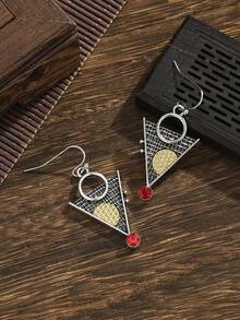 1 par de pendientes colgantes de estilo bohemio retro con diseño de triángulo y puesta de sol, adecuados para el uso diario de las mujeres - Plateado - Ver 6