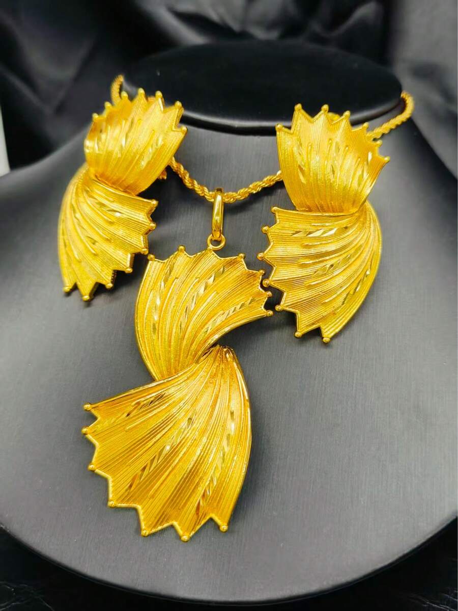 1 Necklace 1 Pair Earrings Fashion Women Flower Gold Pendant Earrings Jewelry Set 2pcs, Middle East Dubai European And American Bride Wedding Party Date Holiday Gift, New Gold Jewelry Set - Yellow Gold - View 1
