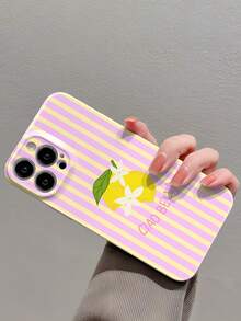 1pc Minimalist Striped Lemon Flower Pattern Perforated Glossy Film Phone Case, Suitable For IPhone 11/12/13/14/15/16 Pro Max - Multicolor - View 3