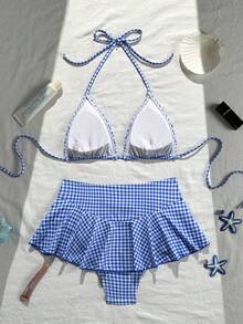 Bộ bikini hai mảnh thời trang mùa hè dành cho nữ, họa tiết kẻ caro xanh trắng dễ thương, kiểu áo yếm có mặt dây chuyền kim loại và quần bơi cạp cao xếp ly, thích hợp cho kỳ nghỉ, bơi lội, đi biển, du thuyền và các dịp khác. - Màu xanh lam - Xem 5
