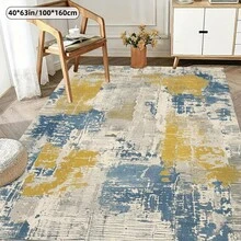 Alfombra de área rectangular de gran tamaño, lujosa, suave y gruesa, con patrón de arte abstracto vintage desgastado en esquema de color amarillo, azul y gris, adecuada para salas de estar de alto tráfico, espacios interiores, dormitorios, oficinas, comedores, salas de juegos, lavaderos, decoración del hogar, decoración de habitaciones, apta para todas las estaciones, Halloween, Navidad - 1PC - Ver 5